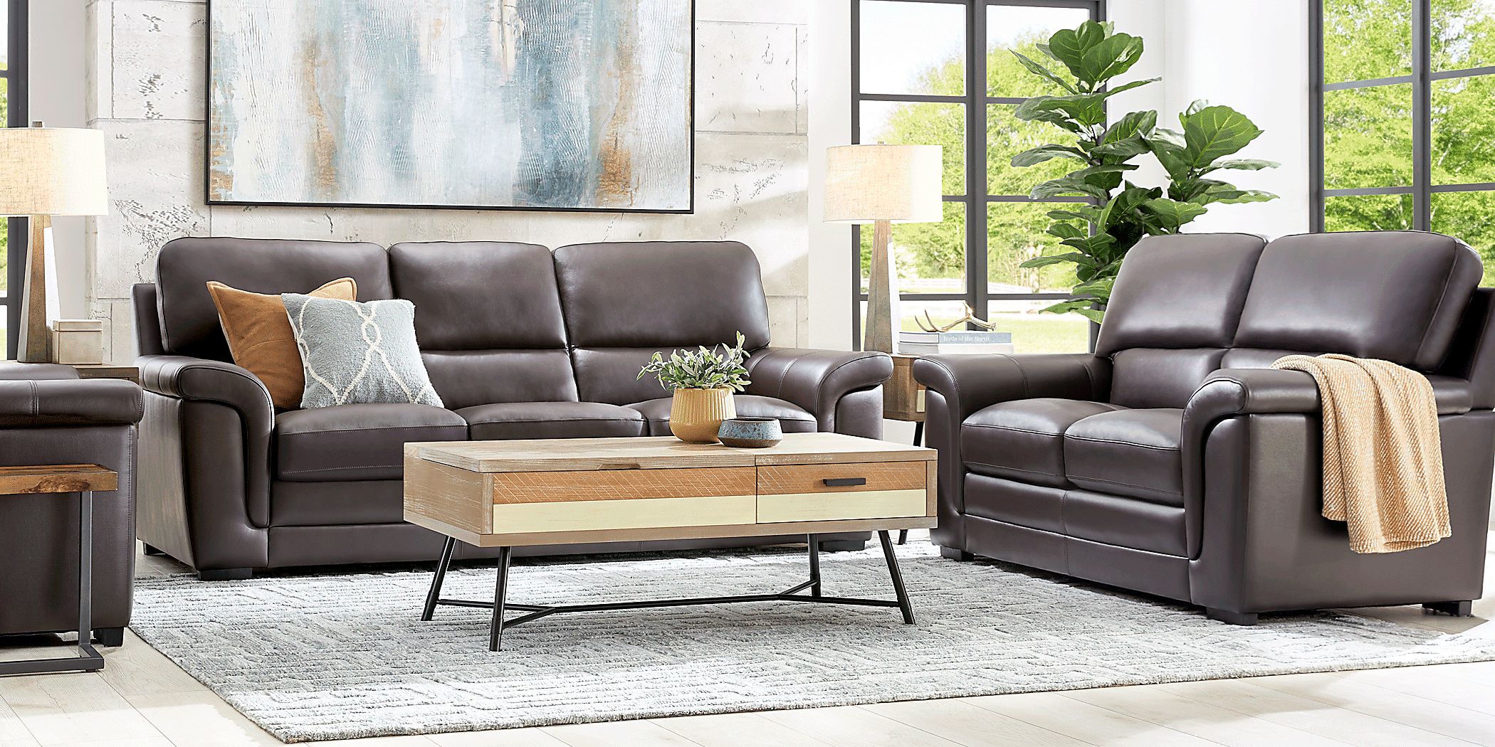Rooms To Go Ashbury Place Brown Leather 5 Pc Living Room